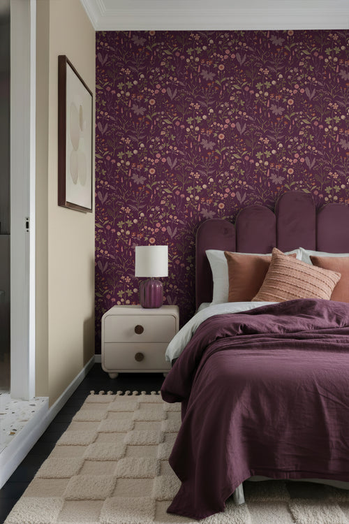 ESTAhome behang veldbloemen aubergine paars - 50 x 900 cm - 131637