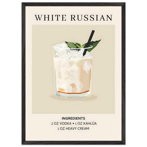 Artfulprints Poster met Lijst White Russian cocktail - Ingrediënten   - 50x70 cm - Wit