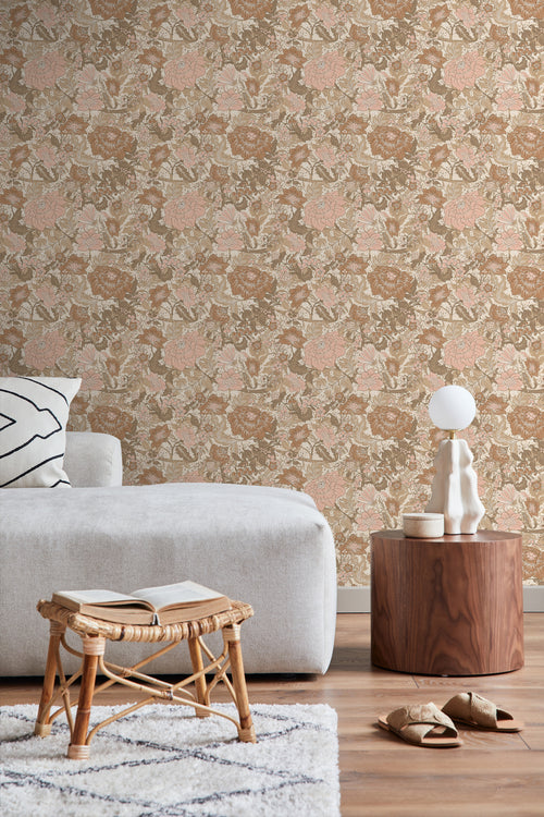 ESTAhome behang vintage bloemen zacht roze, bruin en taupe - 50 x 900 cm - 131191