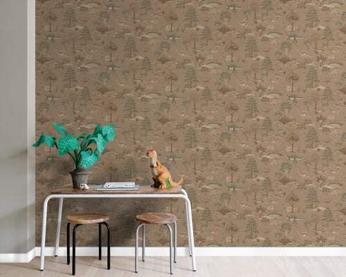 ESTAhome behang dinosaurussen bruin en groen - 50 x 900 cm - 131660