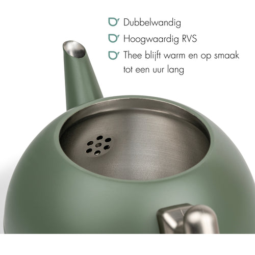 Bredemeijer - Duet® Bella Ronde – Dubbelwandige Theepot – 1,2 liter - RVS - Legergroen - vtwonen shop