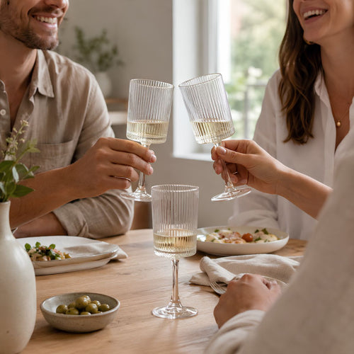 Mica Decorations Grigio Wijnglazen Set van 6 - Transparante Wijnglazen met Ribbelstructuur - Glazen voor Wijn, Water of Feestelijke Dranken - H19 x Ø7