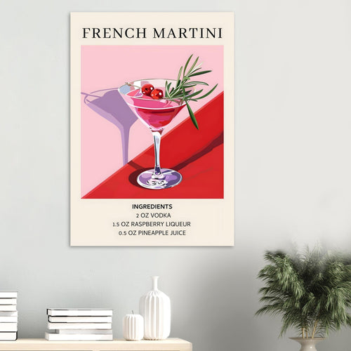 Artfulprints Poster French Martini cocktail - Ingrediënten   - 70x100 cm - Roze