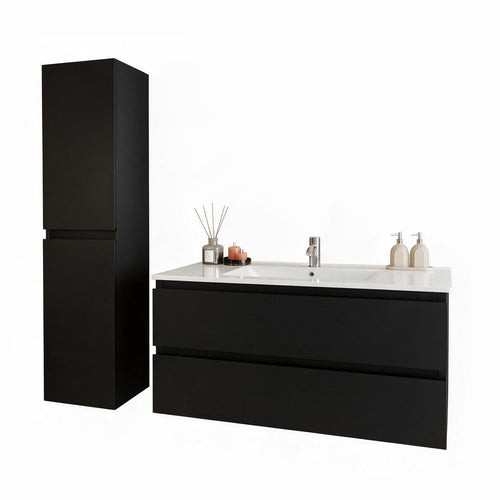 LOMAZOO badmeubelset Verona - met hoge kast & witte wastafel - mat zwart - 100 cm