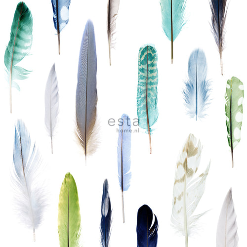 ESTAhome XXL behang veren groen, blauw en beige - 50 x 900 cm - 158602 - vtwonen shop