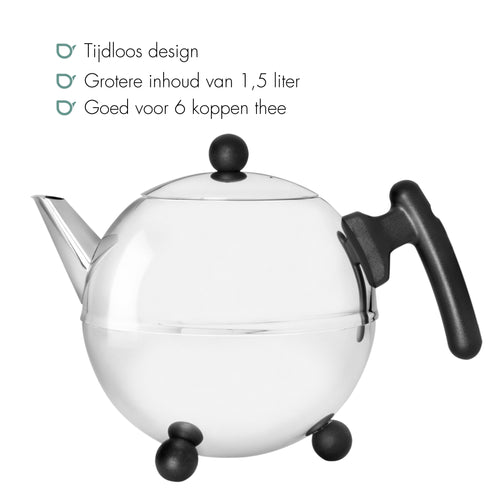 Bredemeijer - Duet® Bella Ronde – Dubbelwandige Theepot – 1,5 liter - RVS - Zwart beslag - vtwonen shop