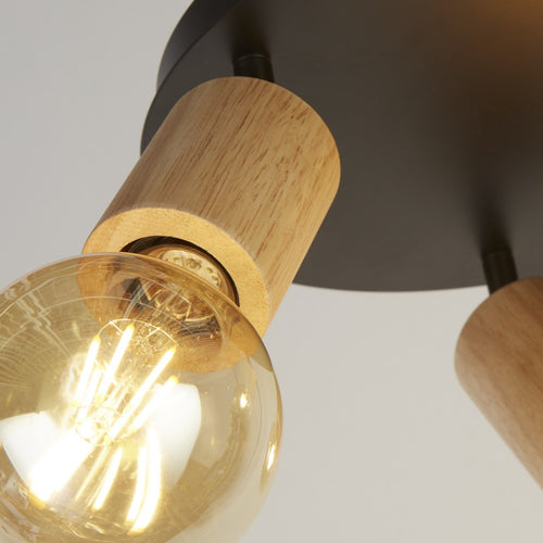 Spinny Ronde spot met 3 lichtpunten - hout en zwart metaal