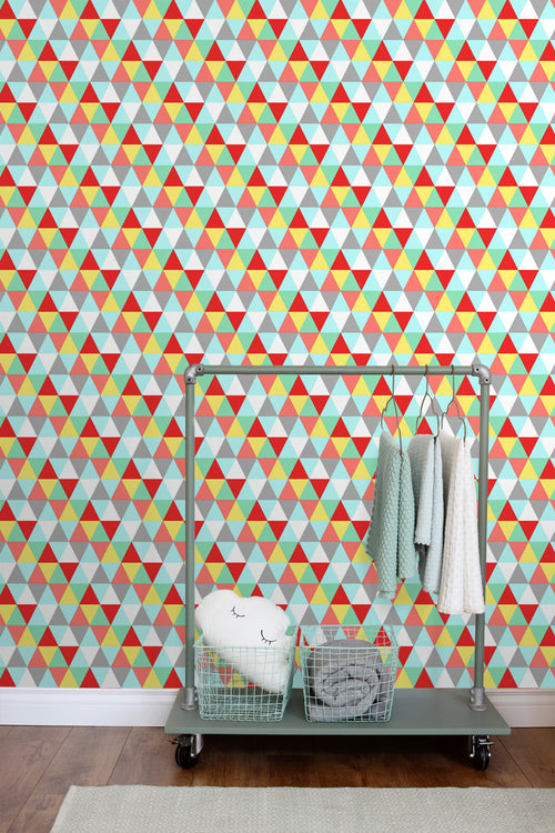 ESTAhome behang driehoekjes rood, geel en blauw - 53 cm x 10.05 m - 138715