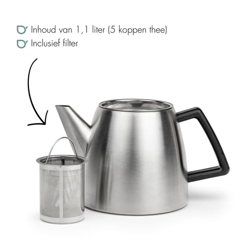 Bredemeijer - Dubbelwandige theepot Odense - 1,1 liter - Mat staal - Met filter - vtwonen shop