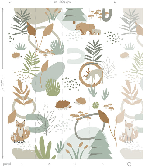 ESTAhome fotobehang bos met bosdieren vergrijsd groen en beige - 200 x 279 cm - 159256 - vtwonen shop