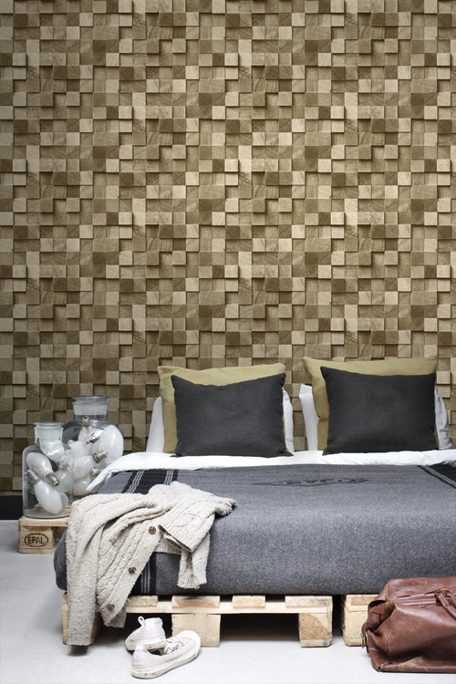 ESTAhome behang 3D-houtmotief donker beige - 53 cm x 10.05 m - 138529