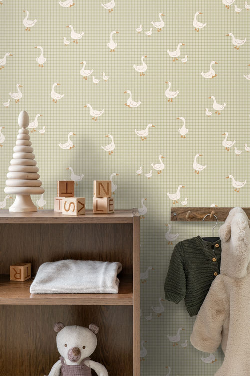 ESTAhome behang schattige ganzen vergrijsd groen - 50 x 900 cm - 132189