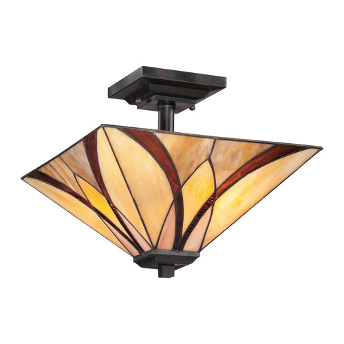 Elstead Asheville - 2-lichts semi-inbouw plafondlamp brons, Tiffany glas, E27