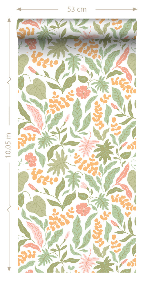 ESTAhome behang bladeren en bloemen groen, roze en oranje - 50 x 900 cm - 131048 - vtwonen shop