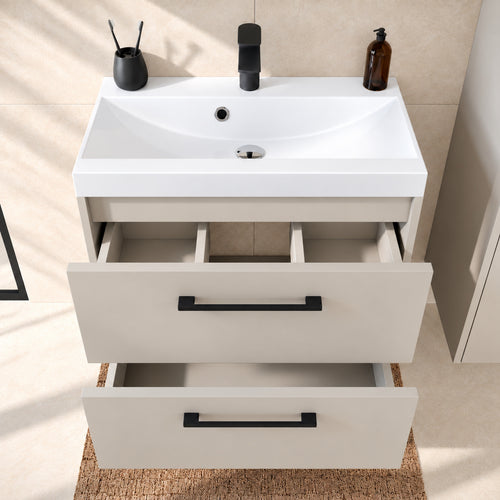 Badplaats Badkamermeubel Set Florence 60 cm – Beige – Hangend Badmeubel met Wastafel, Spiegelkast en Zijkast
