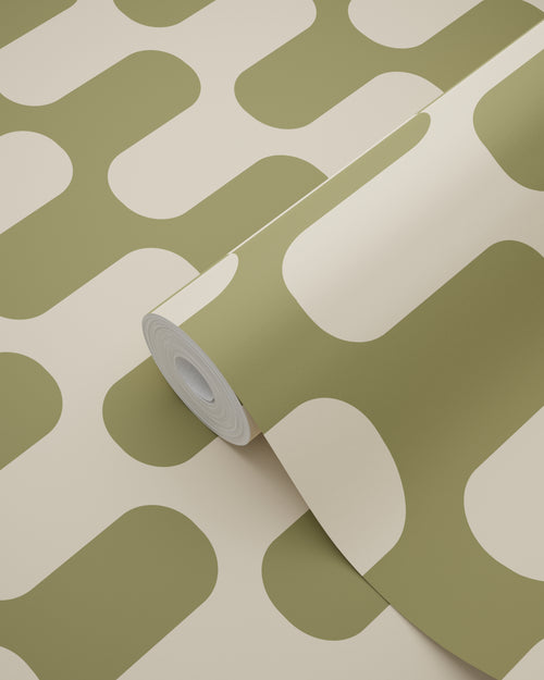 ESTAhome behang golvende lijnen groen en beige - 50 x 900 cm - 132142