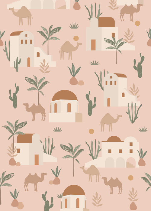 ESTAhome fotobehang kamelen en cactussen zacht roze, terracotta en groen - 200 x 279 cm - 159295 - vtwonen shop