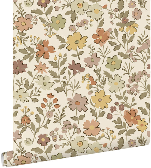 ESTAhome behang bloemetjes groen, geel, paars en terracotta - 50 x 900 cm - 131325 - vtwonen shop