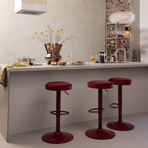 WOOOD barstoel in hoogte verstelbaar Mevo - Chenille - Bordeauxrood - 82x42x42