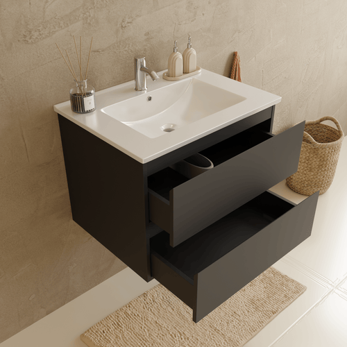 LOMAZOO badmeubelset Verona - met hoge kast & witte wastafel - mat zwart - 60 cm