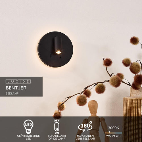 Lucide bedlamp BENTJER - Geïntegreerde LED - Zwart - vtwonen shop