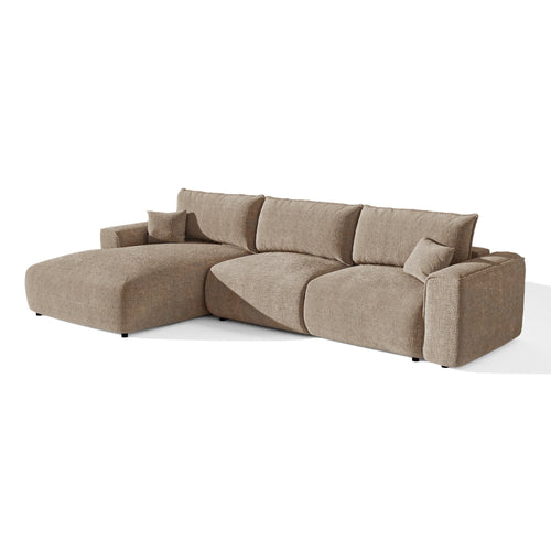 Premium Interiors - Linkshoekbank met slaapfunctie en opbergruimte COMO - zacht aanvoelende geweven stof bruin 297cm