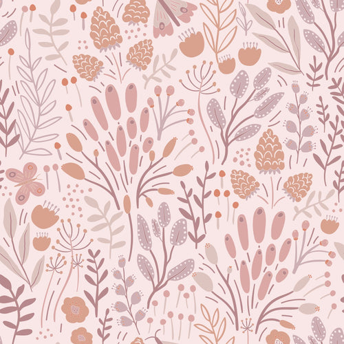 ESTAhome behang bladeren en bloemen lila paars en terracotta - 50 x 900 cm - 131386 - vtwonen shop