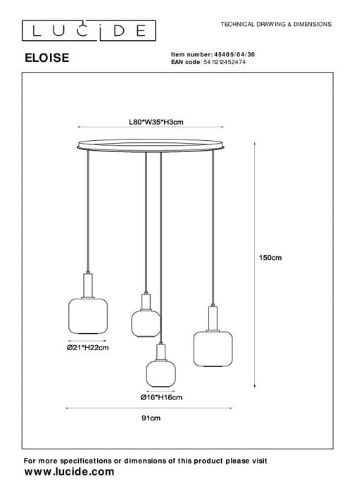 Lucide hanglamp ELOISE - 4xE27 - Zwart