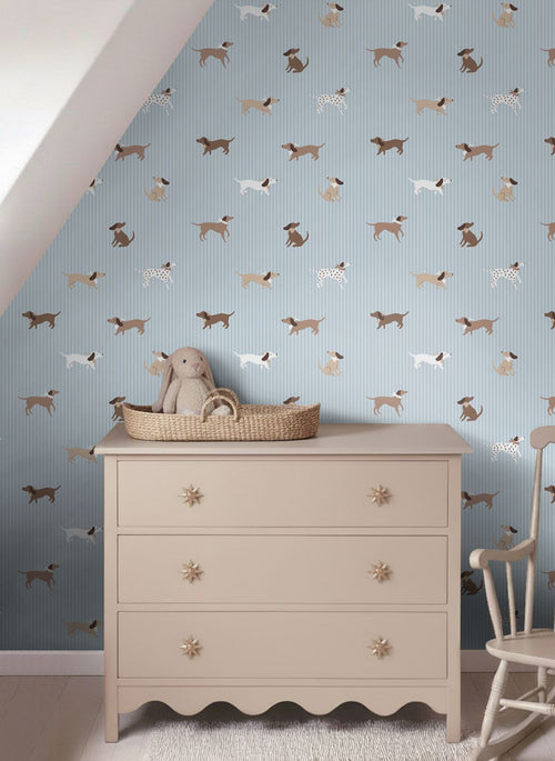 ESTAhome behang honden blauw en bruin - 50 x 900 cm - 132020