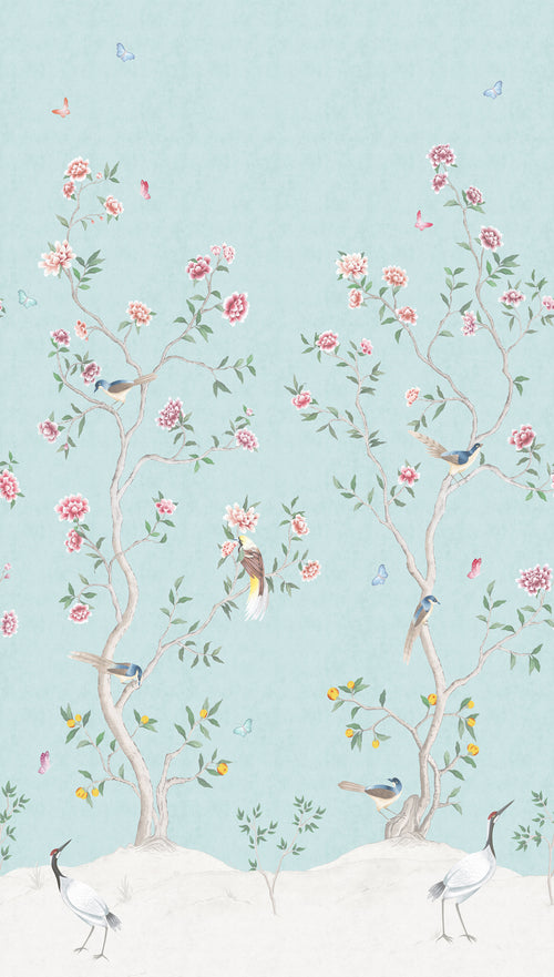 Sanders & Sanders fotobehang bloemen en vogels lichtblauw - 159 x 280 cm - 640213
