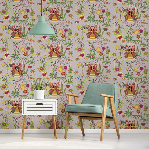 Walls4You behang tropische bladeren en bloemen oudroze en meerkleurig - 53 cm x 10 m - 640125