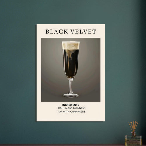 Artfulprints Poster Black Velvet cocktail - Ingrediënten   - 70x100 cm - Zwart / Wit