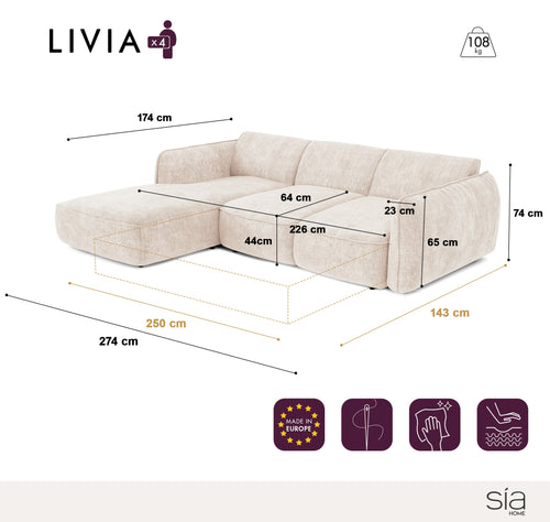 Sia Home - Rechte hoekbanken LIVIA - Fluweel weefsel - Crème - 274cm
