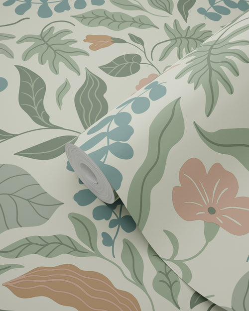 ESTAhome behang bladeren en bloemen donkergroen, blauw en roze - 50 x 900 cm - 131053 - vtwonen shop