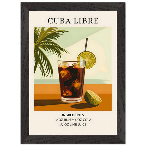 Artfulprints Poster met Lijst Cuba Libre cocktail - Ingrediënten   - A4 21x29.7 cm - Bruin
