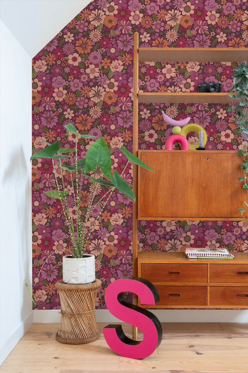 ESTAhome behang retro bloemen aubergine paars - 50 x 900 cm - 131810