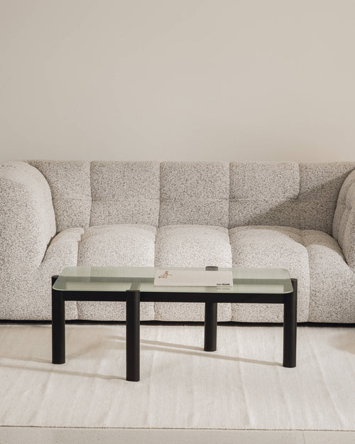 noo.ma Kob salontafel - ornamenten gehard glas, massief eiken poten, 116 x 60 x 11 cm