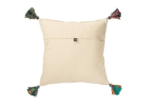 J-Line kussen Vierkant Gevlochten Chindi + Kwasten - katoen - creme/bruin