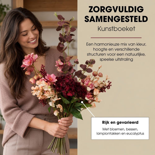 Mica Decorations Cassy Boeket Roze met 18 Stelen - Kunstboeket van Polyester in Roze en Bordeaux Tinten - Bloemenboeket voor Vaas of Dressoir - Lengte