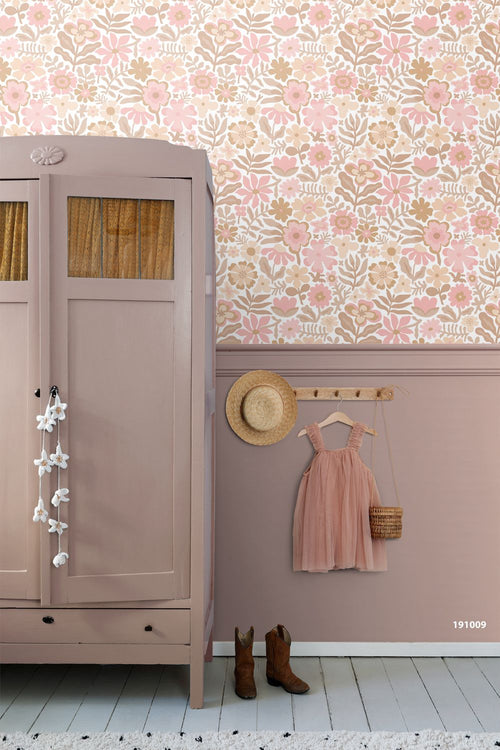 ESTAhome behang bloemetjes wit, beige en roze - 50 x 900 cm - 132288