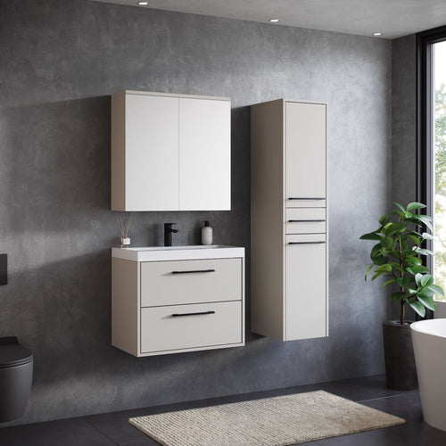 Badplaats Badkamermeubel Set Florence 60 cm – Beige – Hangend Badmeubel met Wastafel, Spiegelkast en Zijkast