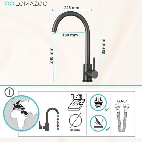 LOMAZOO keukenkraan Cedric - mengkraan - gun metal black
