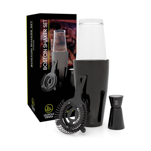 Leopold Vienna - Cocktail set Boston RVS zwart (cocktail shaker, pipet, strainer) cadeau giftset