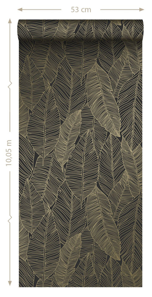 ESTAhome behang getekende bladeren zwart en goud - 53 cm x 10.05 m - 139126