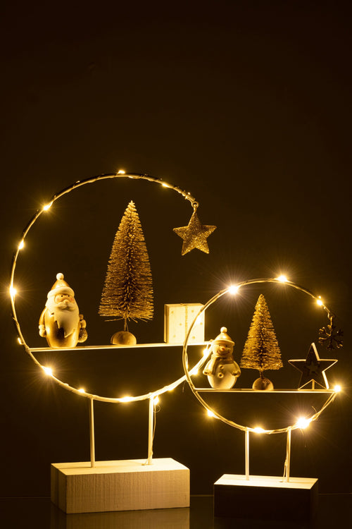 J-Line decoratie Semicirkel Op Voet + Kerstman - hout - wit/goud - LED lichtjes