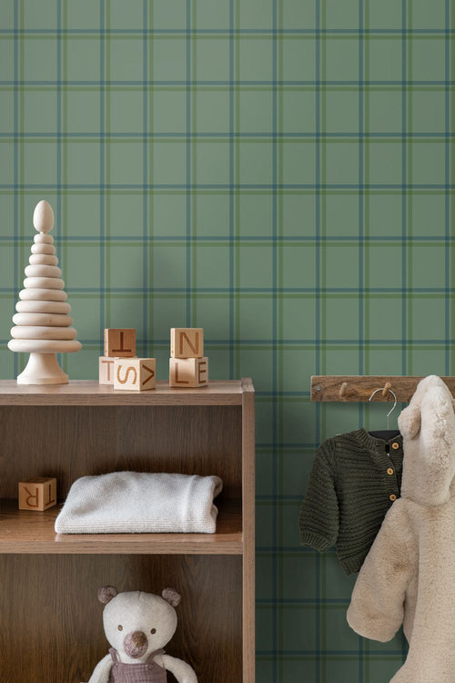 ESTAhome behang ruiten donkergroen en blauw - 50 x 900 cm - 132163