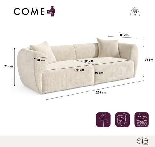 Sia Home - Rechte bank CÔME - Fluweel met structuur - Crème - 230cm