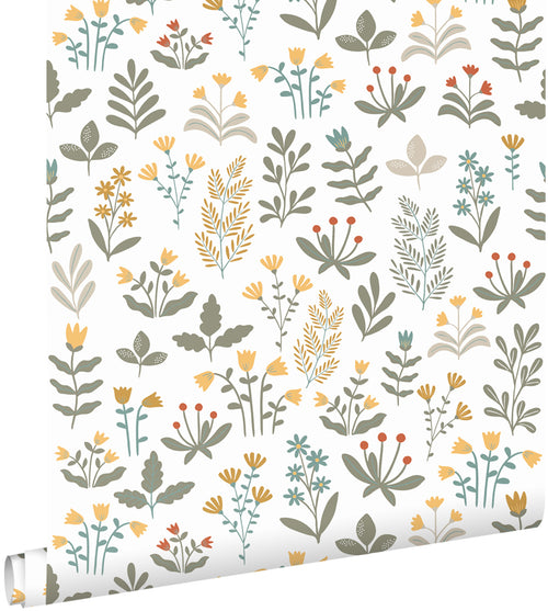 ESTAhome behang veldbloemen donkergroen en geel - 50 x 900 cm - 131095 - vtwonen shop