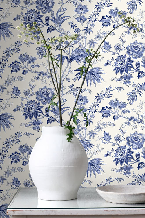 ESTAhome behang vintage bloemen delfts blauw - 50 x 900 cm - 132098