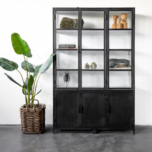 Giga Meubel Vitrinekast Lott - Zwart/Wit Metaal Glas - 150x50x230cm